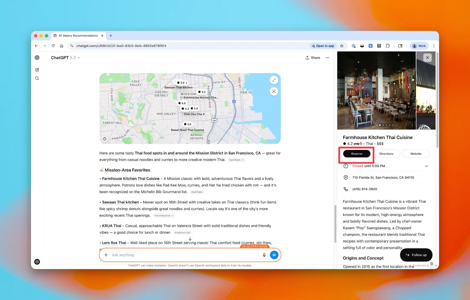 Official ChatGPT demonstration showing restaurant information and a Reserve button.